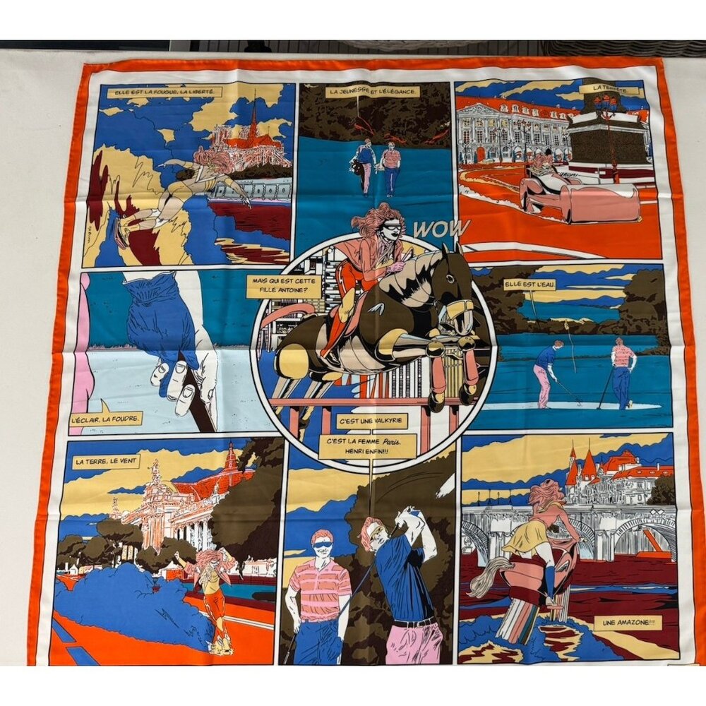 Vtg Comic Book Print Multicolor Silk Scarf Hand Rolled Edge NWOT 35x35